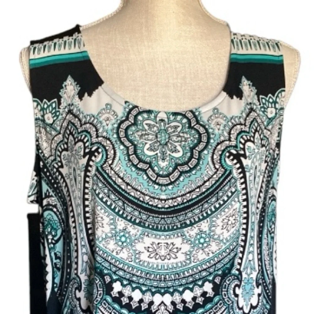 STYLE & CO SLEEVELESS EMBELLISHED ROUND NECK TURQUOISE & BLACK TUNIC SIZE L - Picture 4 of 15